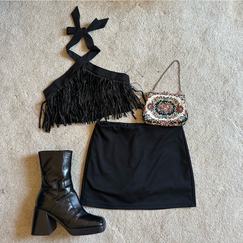 Black  Halter Top with Fringe and Rhinestones